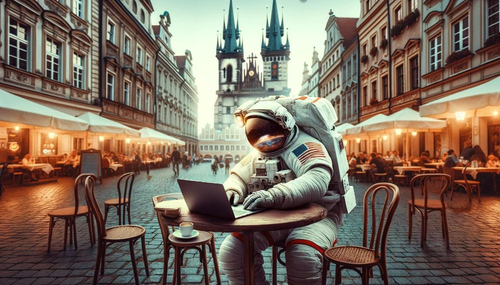 Astronauta siedzący przy stole z laptopem i pracujący nad projektami stron internetowych Brema.