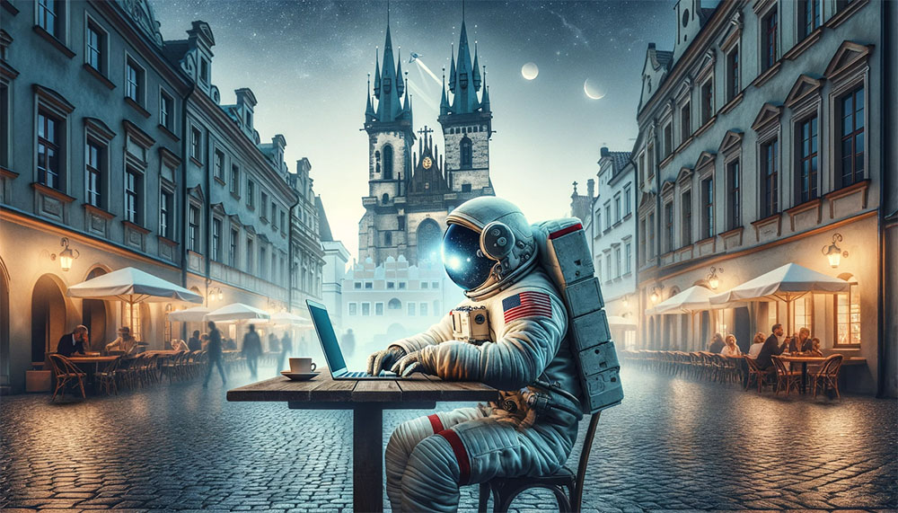 Astronauta siedzący przy stole z laptopem i pracujący nad projektami stron internetowych w Dreźnie.