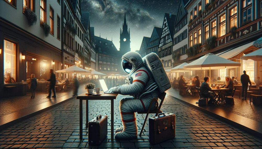 Astronauta siedzący na ulicy z laptopem i pracujący nad projektowaniem stron internetowych w Essen