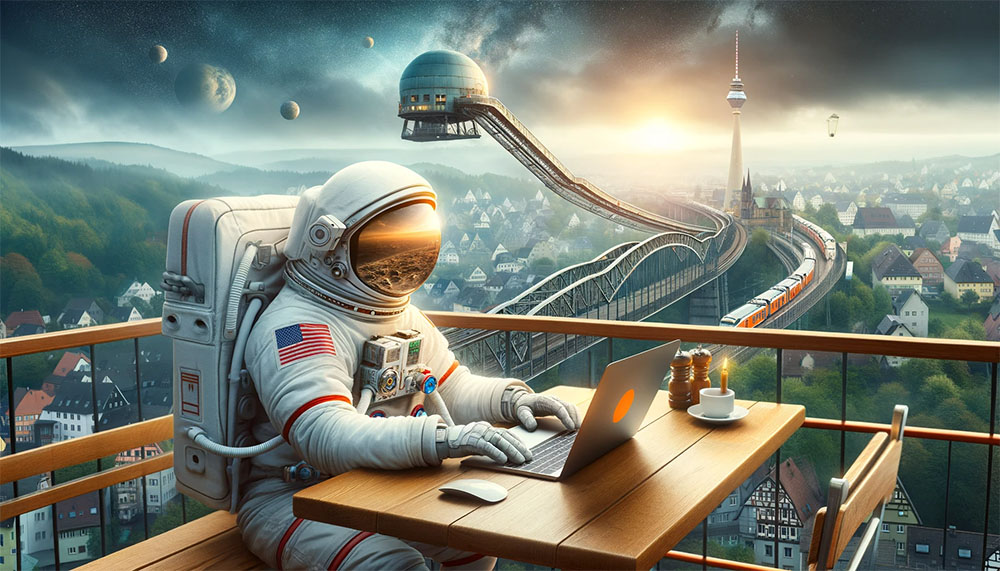 Astronauta siedzący przy stole z laptopem i widokiem na miasto podczas pracy nad projektem strony internetowej KB WebStudio strony internetowe.