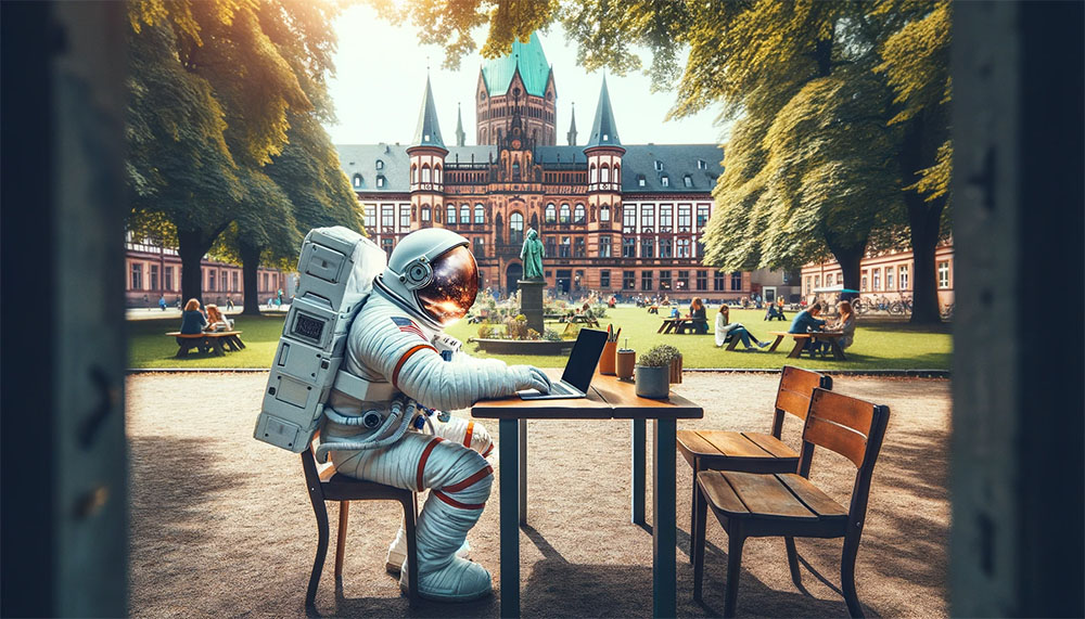 Astronauta siedzący przy stole z laptopem i pracujący nad projektowaniem stron internetowych Bielefeld.