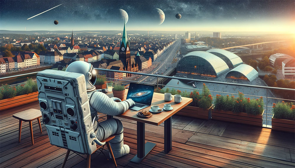 Astronauta siedzący na balkonie i przeglądający strony internetowe Bochum.