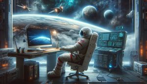 Astronauta siedzący przy biurku w kosmosie i zajmujący się dropshippingiem w Niemczech